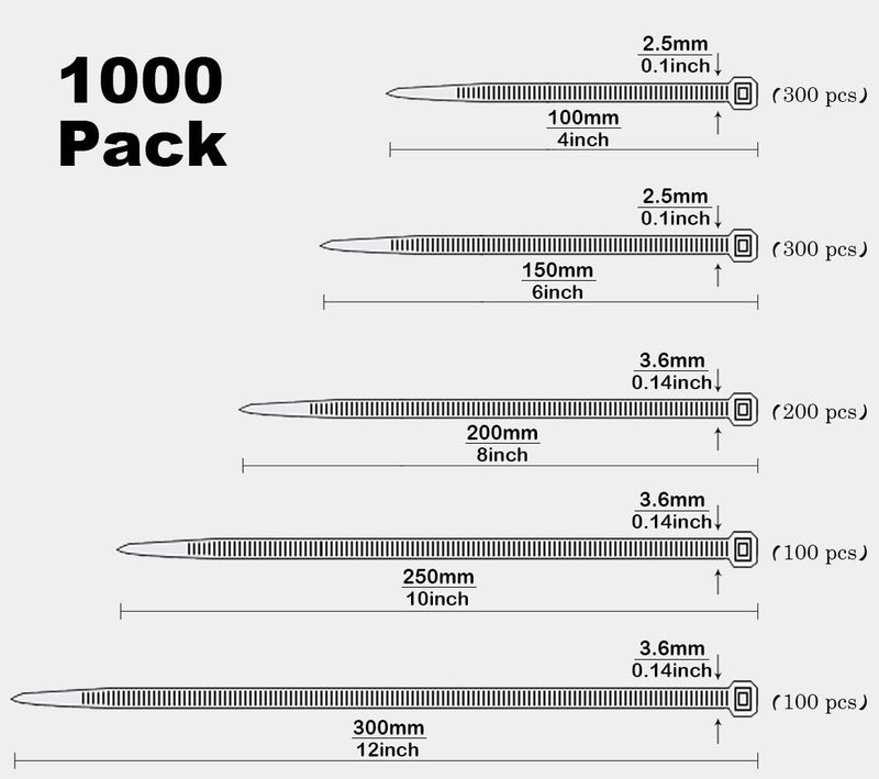  [AUSTRALIA] - Oksdown 1000 Pcs Black Cable Zip Ties Assorted Sizes 4/6/8/10/12 Inch Heavy Duty Plastic Tie Wraps Mixed Pack Self Locking Nylon Wire Ties