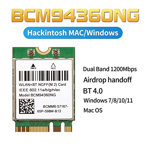  [AUSTRALIA] - BCM94360NG NGFF M.2 2230 WiFi Card 802.11ac 1200Mbps Adapter for macOS BCM94360CS Wireless Card Original M.2 Card Plug and Play for AirDrop Continuity Handoff Better BCM94352Z DW1560 for Intel NUC