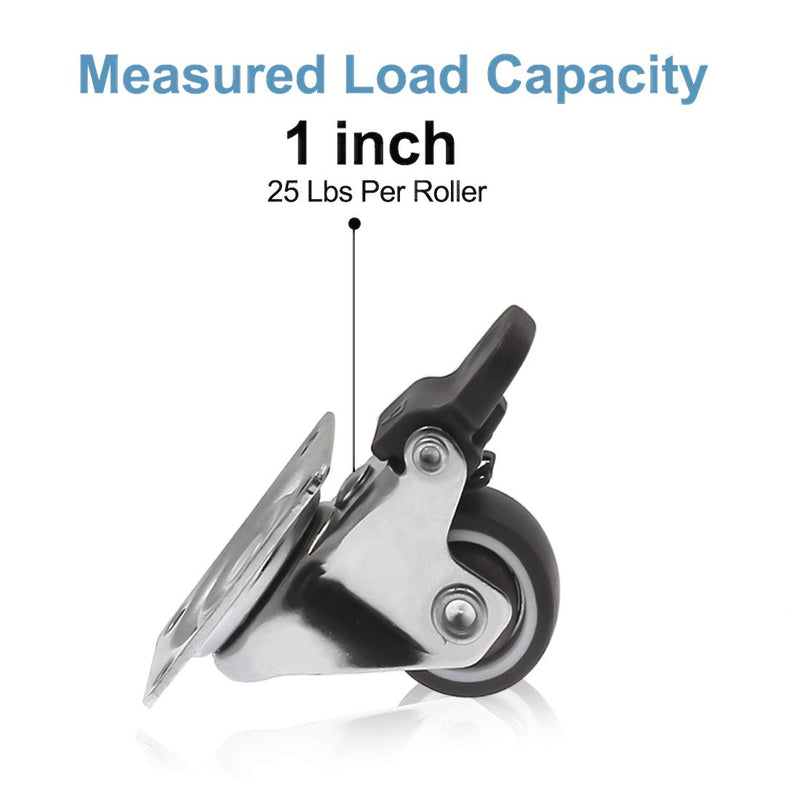  [AUSTRALIA] - Luomorgo 4 Pack 1" Caster Wheels with Brakes Rubber Swivel Heavy Duty Casters with 360 Degree Top Plate, 100 lbs Total Capacity Caster, 20 Screws & A Handy Screwdriver for Free