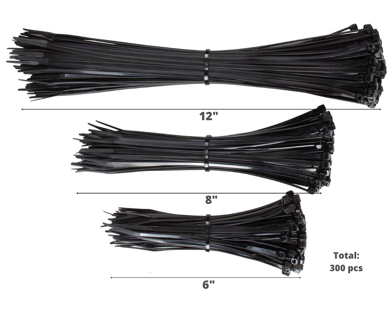  [AUSTRALIA] - GTSE Black Zip Ties, 300 Pack Assorted Sizes, 6"/8"/12" Inches, UV Resistant Nylon Cable Ties, Self-Locking Tie Wraps 6" / 8" / 12" - 300 Pack