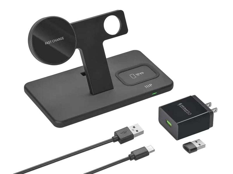  [AUSTRALIA] - Monoprice Magsafe 3-in-1 Wireless Charging Stand, Bundled with QC3.0 Wall Charger, for iPhone 13/13 Pro/13 Pro Max/13 Mini/12/12 Pro/12 Pro Max/12 Mini, Apple Watch, AirPods