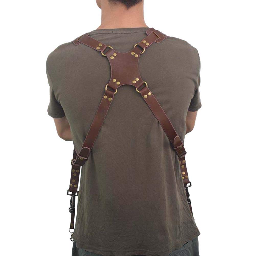  [AUSTRALIA] - Adjustable Leather Dual Camera Strap Holder Holster DSLR Mirrorless Cameras Lens Tripod Accessories Multi Camera Gear for Two 13-brown