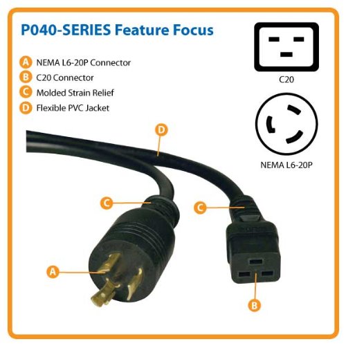 Tripp Lite Heavy-Duty Power Cord for PDU and UPS 20A, 12AWG (IEC-320-C19 to NEMA L6-20P) 6-ft.(P040-006) Black - LeoForward Australia