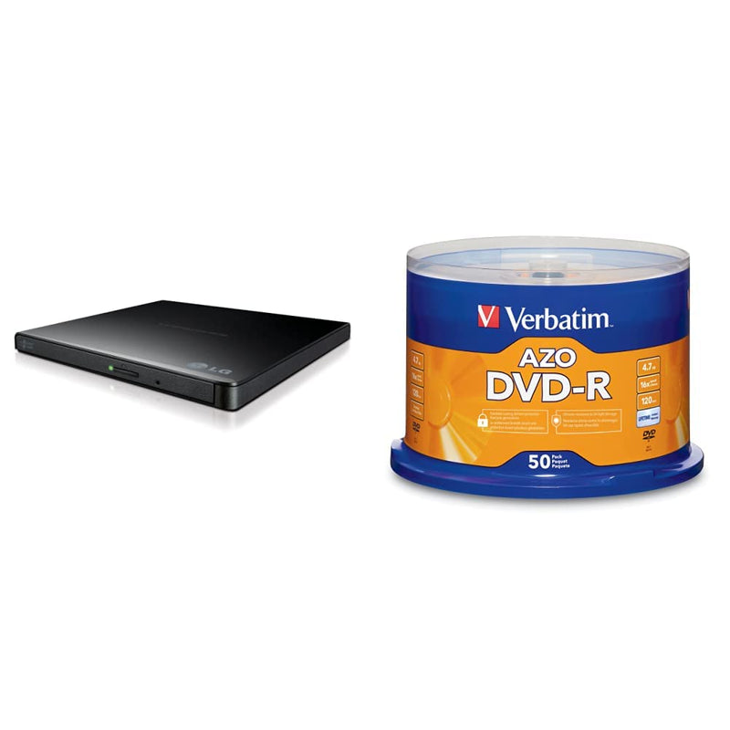  [AUSTRALIA] - LG Electronics 8X USB 2.0 Super Multi Ultra Slim Portable DVD Writer Drive +/-RW External Drive with M-DISC Support (Black) & Verbatim DVD-R Blank Discs AZO Dye 4.7GB 16X Recordable Disc - 50 Pack Black Drive + Blank Disc - 50 Pack Spindle