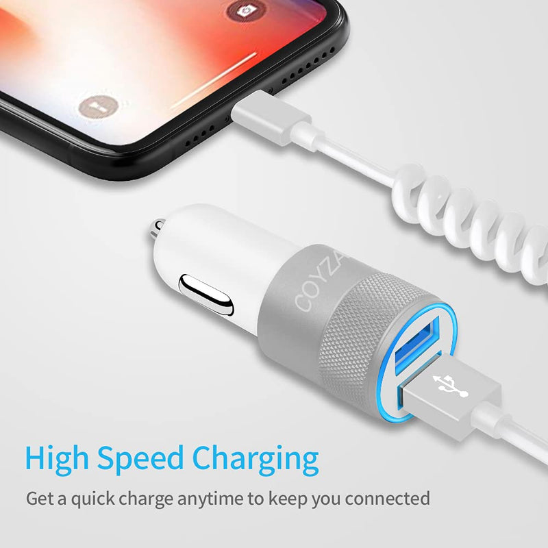  [AUSTRALIA] - COYZA Fast Car Charger Adapter, Compatible with iPhone 13/12/11/Pro Max/Pro/Mini/X/XS/XS MAX/XR/SE 2020/8 Plus/8/7 Plus/7/6s/6/5/SE, 3.1A Dual USB Ports with Coiled Charging Cable Cord White