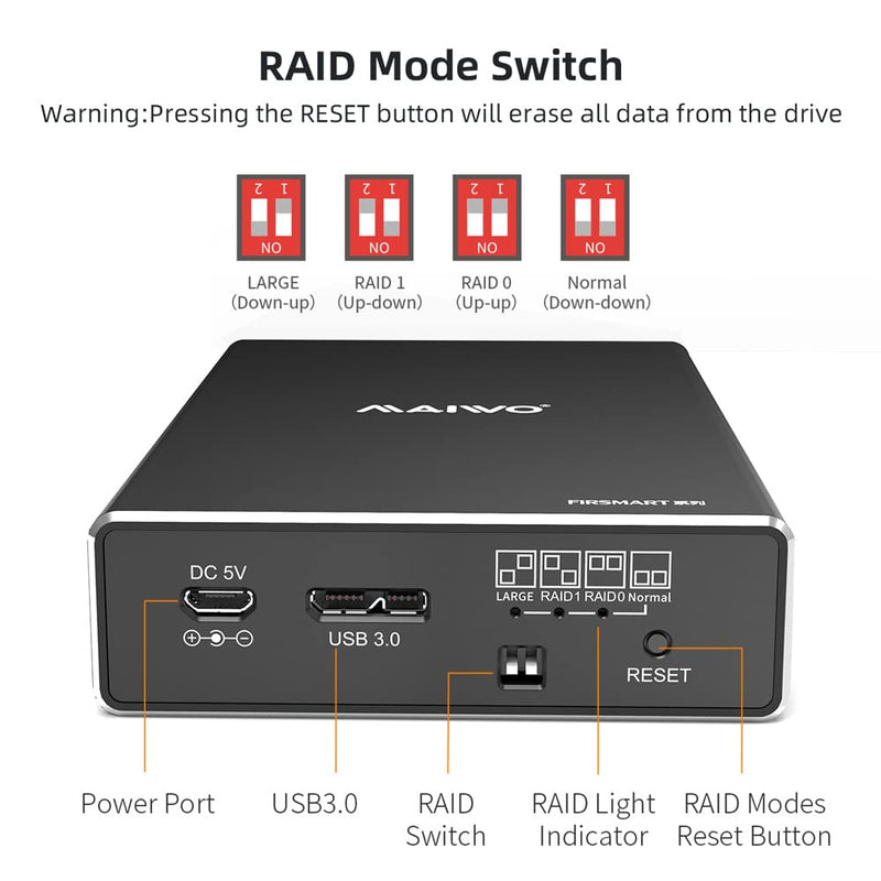  [AUSTRALIA] - MAIWO 2 Bay 2.5 inch USB 3.0 SATA Hard Drive HDD SSD Raid Aluminum Enclosure Support RAID 0/1 RAID Mode RAID Storage Case Up to 12TB