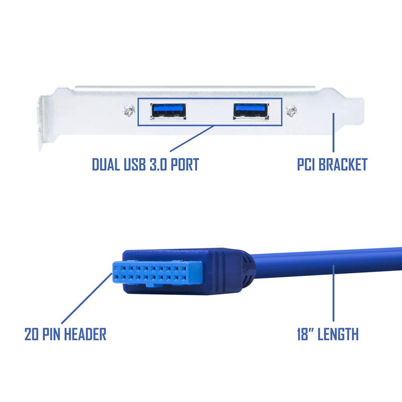  [AUSTRALIA] - Kingwin USB 3.0 Dual Port PCI Bracket Cable with Built-In-20-Pin Header, Up to 5 Gbps for Maximum Transfer Speed, Extend Your USB 3.0 Port On Motherboard to Back of Your Computer Case [KW-PCI2USB3]