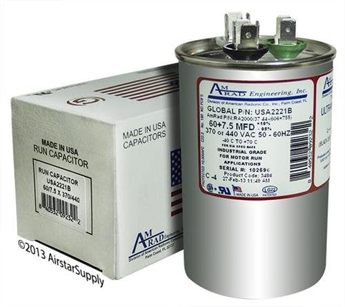  [AUSTRALIA] - 60 + 7.5 uf/Mfd Round Dual Universal Capacitor Replacement Amrad USA2221B Replacement - Used for 370 or 440 VAC, Made in The U.S.A.