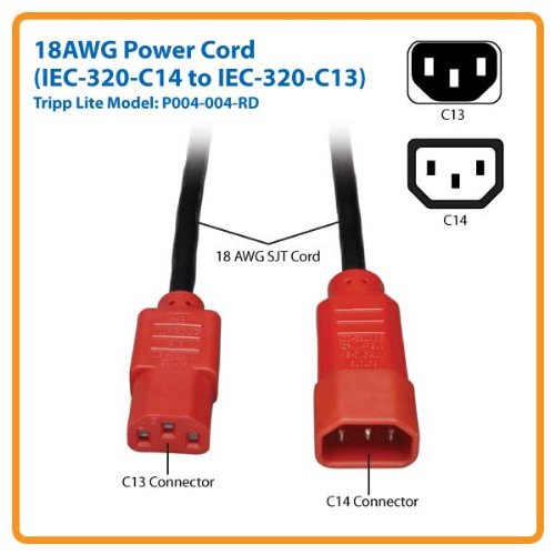 Tripp Lite Standard Computer Power Extension Cord 10A, 18AWG (IEC-320-C14 to IEC-320-C13 with Red Plugs) 4-ft.(P004-004-RD) - LeoForward Australia