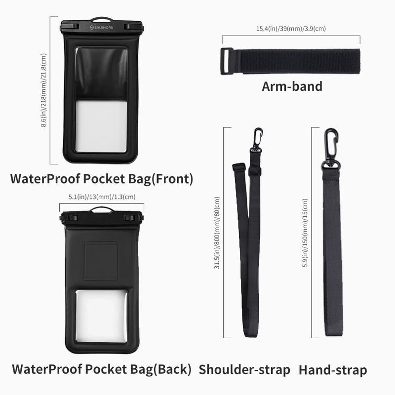  [AUSTRALIA] - Sinjimoru Waterproof Floating Cell Phone Pouch, Lightweight Clear 3 Straps Water Protector Phone Case Bag Compatible with iPhone Galaxy for Beach Essentials Waterproof Pocket Bag Black