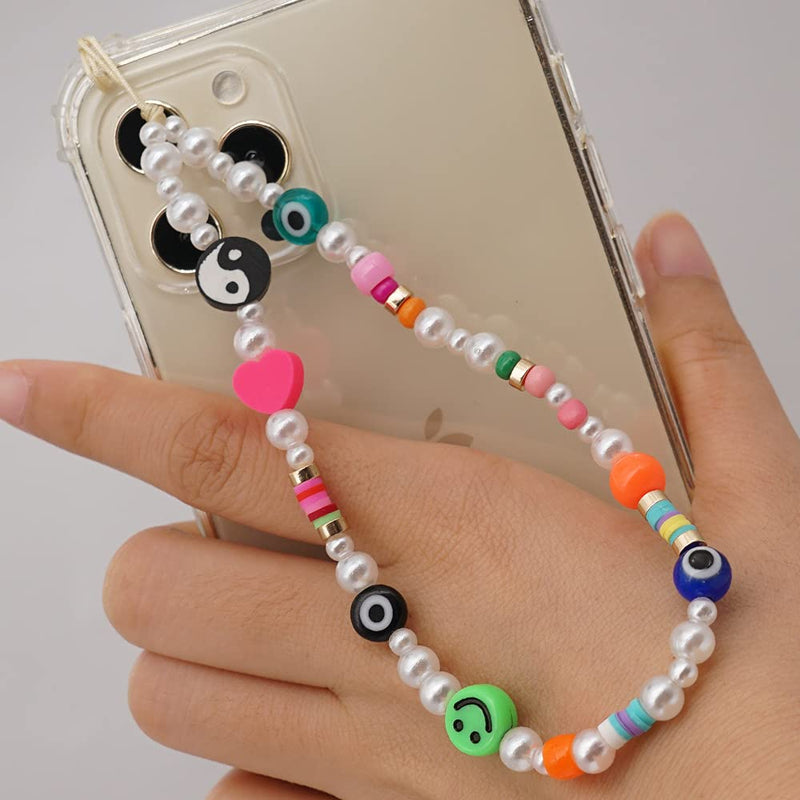  [AUSTRALIA] - Bead Phone Chain Phone Straps Y2k Style Colorful Beaded Phone Charm Smiley Face Evil Eye Yingyang Love Heart Star Beaded Kawaii Phone Lanyard Wrist Strap A-3PCS Colorful Phone Chains