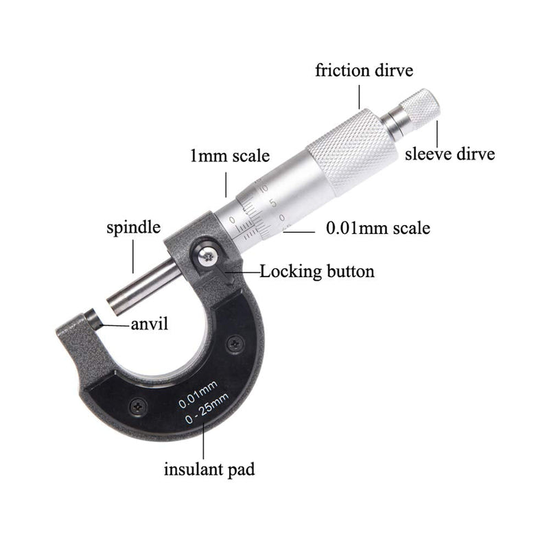  [AUSTRALIA] - Beslands Outside Micrometer 0-25mm Micrometer Screw Measuring Screw 0.01mm Resolution Micrometer Metric 0-25mm Micrometer