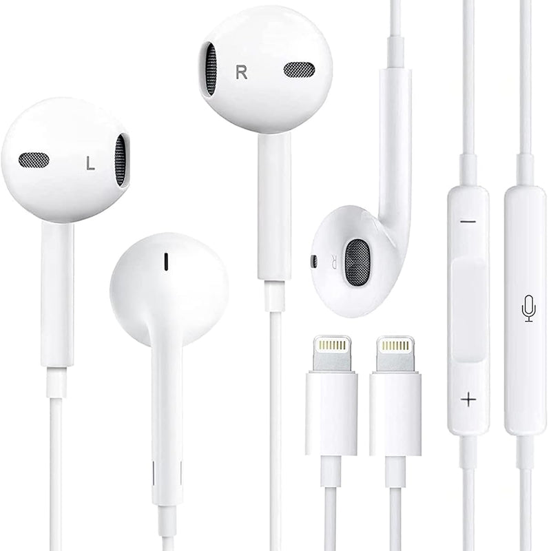  [AUSTRALIA] - 2 Pack iPhone Headphones Wired [Apple MFi Certified] Apple Earbuds with Lightning Connector (Built-in Microphone & Volume Control & Support Call) for iPhone 14/13/12/11/XR/XS/X/8/7/SE, All iOS System White-M