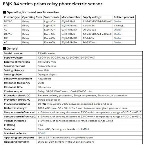  [AUSTRALIA] - Taiss Photoelectric Beam Sensor E3JK-R4M1 Indoor Wall Mounted 12-240VDC 24-240VAC Retroreflective photoelectric Sensor Switch Proximity Switch 2M Cable Induction 3M