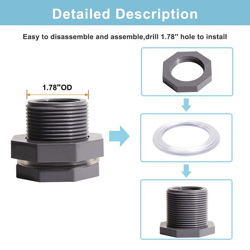  [AUSTRALIA] - QuQuyi 1/2 Inch PVC Bulkhead Water Tank Connector Adapter Fitting with Plugs Thru-Bulk Pipe Fitting for Rain Barrels, Aquariums, Ponds(Set of 3) 1/2"-3pcs