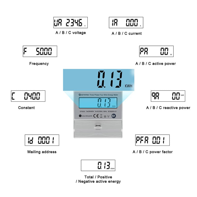  [AUSTRALIA] - KETOTEK 3 Phase Electricity Meter AC Ampere Volt Power Energy Monitor Top Hat Din Rail Bidirectional Wattmeter Power Consumption Input Output kWh Three-phase Meter 3x230V/400V 10(100) A 50/60Hz DTS331