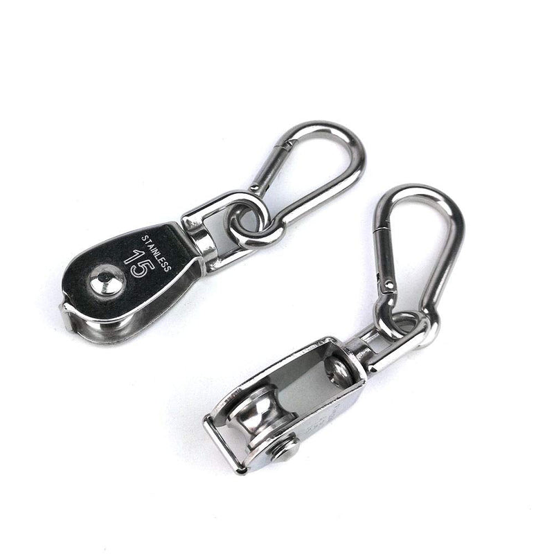  [AUSTRALIA] - Hamineler 2PCS 304 Stainless Steel Single Pulley Block M15, Wire Rope Crane Pulley Block Hanging Wire Towing Wheel with 2PCS Spring Snap Hook