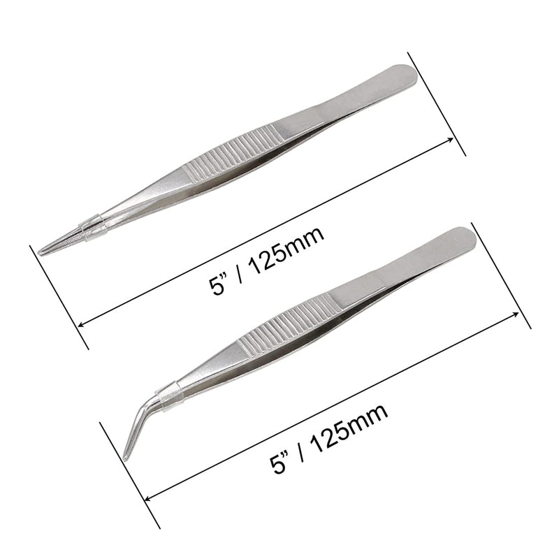  [AUSTRALIA] - VictorsHome 5 Inch Stainless Steel Tweezers with Straight and Curved Serrated Tip Multipurpose Forceps for Craft Repairing 2 Pack