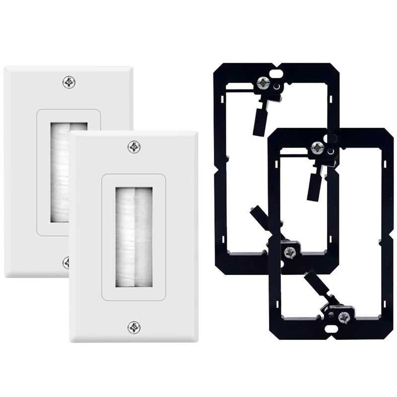  [AUSTRALIA] - 2-Pack Brush Wall Plate with Single Gang Low Voltage Mounting Bracket Wall Plate Cable Pass Through Insert for Wire, Cable Wall Plate for Coaxial Cable, HDMI/HDTV Cable, Network/Phone Cable, White 2 Pack with Bracket