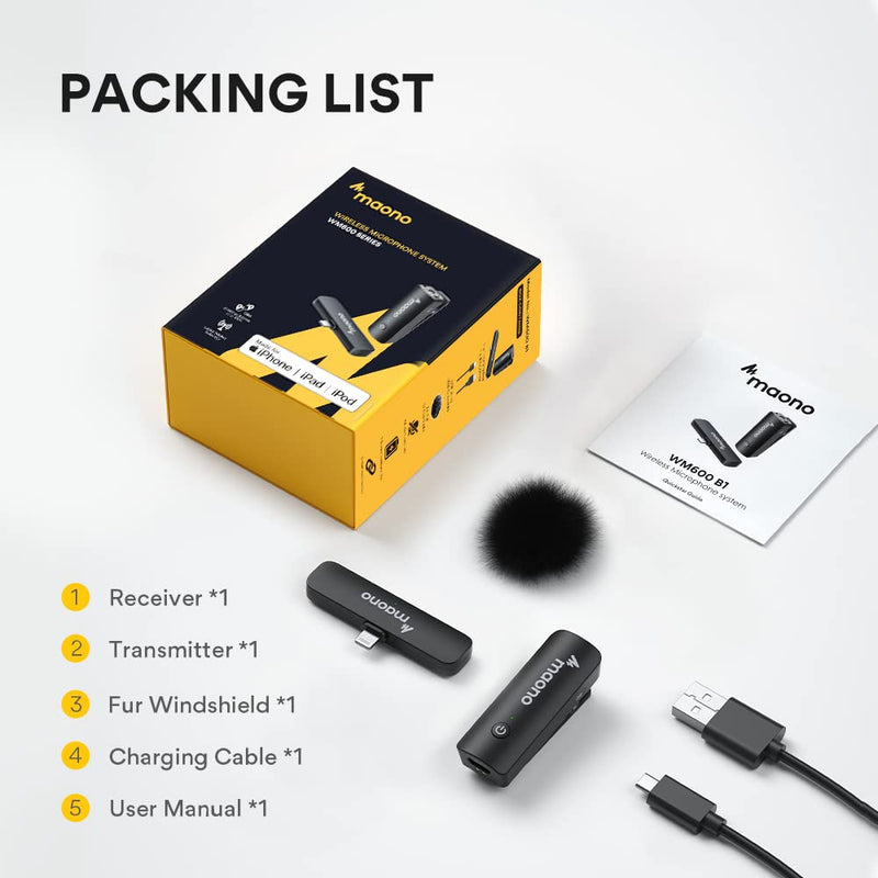  [AUSTRALIA] - Wireless-Lavalier-Microphone for iPhone, MAONO 2.4GHz Wireless Lapel Mic with MFi Certified for iPad with One Key Noise Reduction Function for TikTok, Interview, Vlogging, Live Streaming(WM600 B1)
