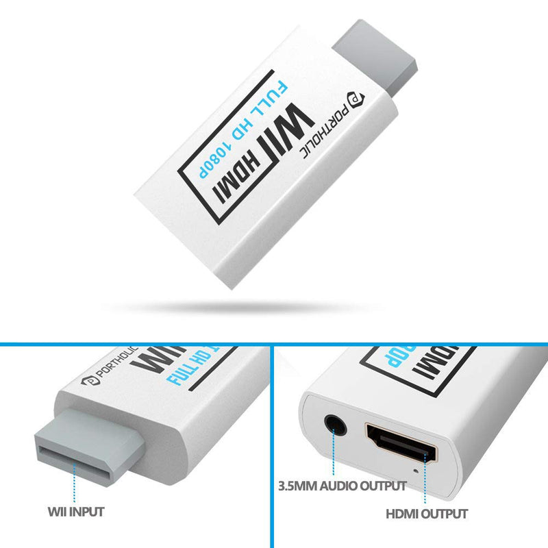  [AUSTRALIA] - PORTHOLIC Wii to HDMI Converter 1080P with 5ft High Speed HDMI Cable Wii2 HDMI Adapter Output Video&Audio with 3.5mm Jack Audio, Support All Wii Display 720P, NTSC, Compatible with Full HD Devic white