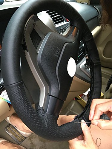  [AUSTRALIA] - Eiseng DIY Genuine Leather Steering Wheel Cover for Honda CRV CR-V SUV 2007 2008 2009 2010 2011 Stitch Sew Interior Accessories (Black thread) Black leather with Black thread