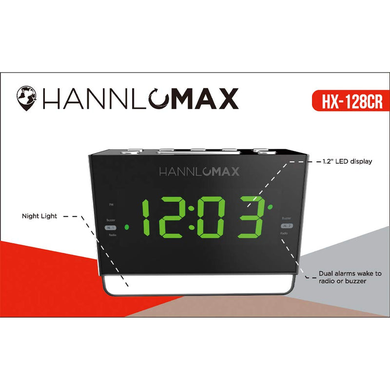 HANNLOMAX HX-128CR Alarm Clock Radio, PLL FM Radio, 1.2 inches Green LED Display, Dual Alarm, 6 Levels Night Light, USB Port for 1A Charging, AC/DC Adaptor Included - LeoForward Australia