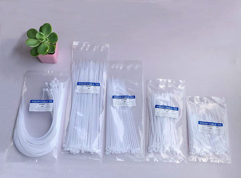 [AUSTRALIA] - Oksdown 300pcs White Zip Ties Assorted Sizes 4/6/8/10/12 Inch Clear Plastic cable ties from Small to Large Heavy Duty Nylon tie Wraps Multi-Purpose Variety Wire Ties