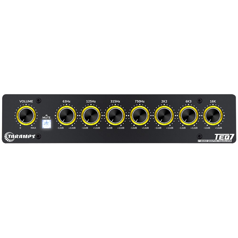  [AUSTRALIA] - Taramp's TEQ 7 Stereo 7-Band Graphic Equalizer RCA Input 2 Channels HPF and LPF Filters Mute Function Car Audio Equalizer EQ, Best Control for Car, Beat, Motorcycle (Yellow) Yellow