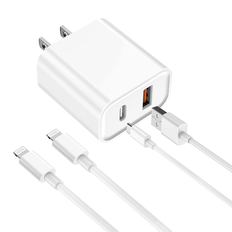  [AUSTRALIA] - iPhone Fast Charger, [Apple MFi Certified] esbeecables 20W Dual Port PD3.0 USB-C + QC3.0 USB-A Rapid Wall Charger with 2X 6ft Lightning Cables, for iPhone 14/13/12/11 Pro, XS/XR/X/8/7P/SE/iPad/AirPods