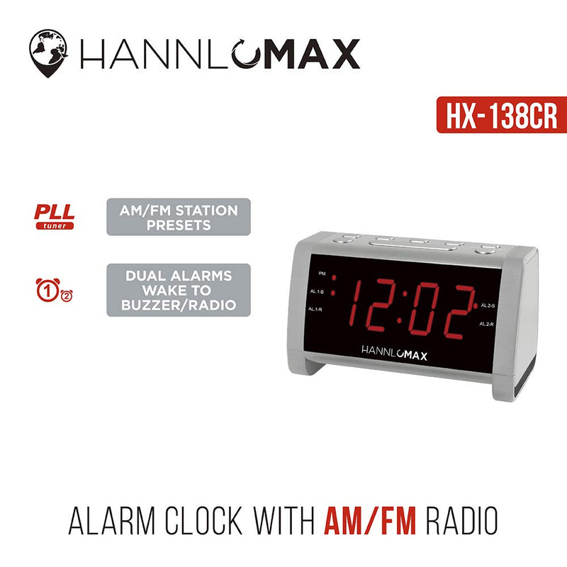 HANNLOMAX HX-138CR Alarm Clock Radio, PLL AM/FM Radio with Preset Radio, 1.4" Red LED Display, Dual Alarm (Silver) - LeoForward Australia