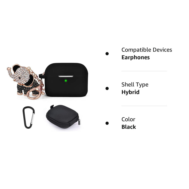  [AUSTRALIA] - Airpods Pro Case Keychain, TOROTOP Airpod Pro Protective Cases Silicone with Bling Elephant Keychain/Storage Box Compatible for Apple Airpods Pro Charging Case (Black) Black