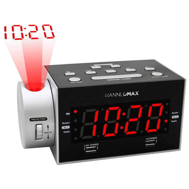 HANNLOMAX HX-135CR Alarm Clock Radio with Projection, PLL FM Radio, Dual Alarm, Dual USB Ports for 2.4A and 1A Charging, 1.2 inches Red LED Display, AC/DC Adaptor Included - LeoForward Australia