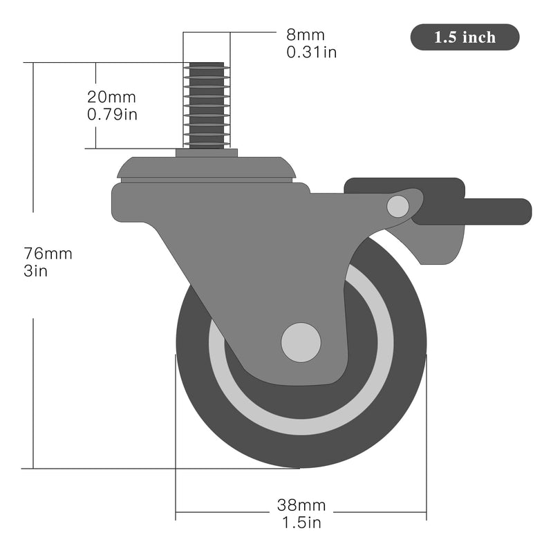  [AUSTRALIA] - 1.5 inch casters Set of 4, Threaded Rod Rotating Furniture Wheels, Noise-Free Non-Slip Rubber, Suitable for trolleys and workbenches (2 with Brakes, 2 Without Brakes) 1.5 inch combo