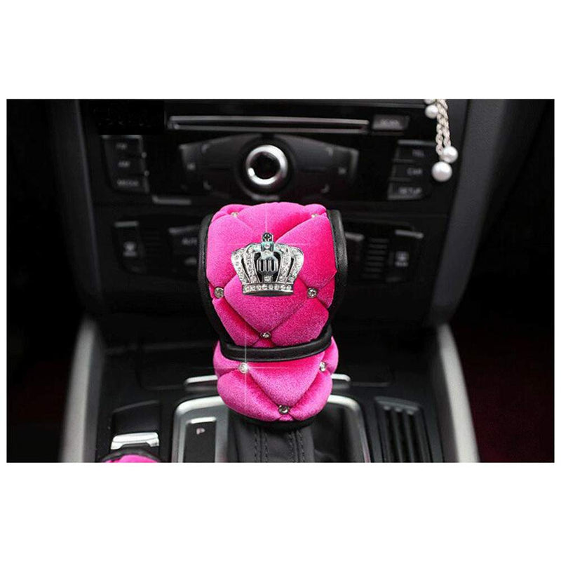  [AUSTRALIA] - Siyibb Plush Car Handbrake Grips Cover Diamond Crown Gear Shifter Cover Seat Belt Shoulder Pad Sets - Pink