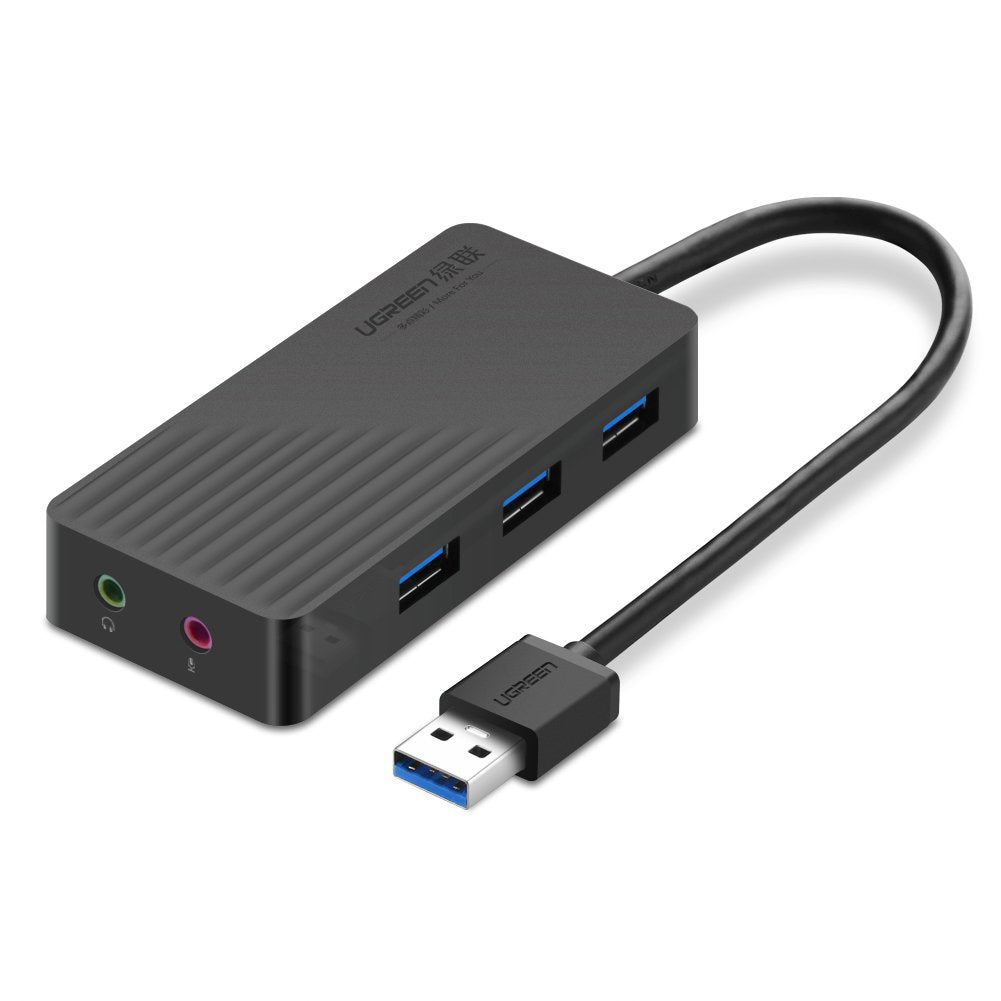  [AUSTRALIA] - UGREEN USB 3.0 Hub 3 Ports USB Sound Card 2 in 1 External Stereo Audio Adapter 3.5mm with Headphone and Microphone 5Gbps High Speed for Mac OS Windows Linux iMac MacBook Mac Mini PCs Tablets
