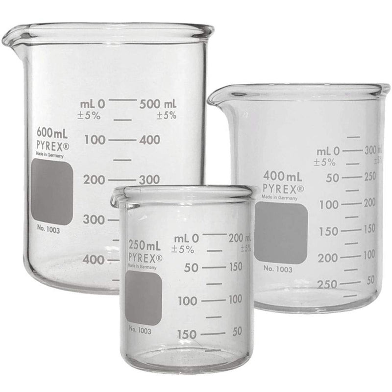 Corning Pyrex #1003, Heavy Duty, Glass Beaker Set, Griffin Low Form - 3 Sizes - 250, 400, and 600ml - LeoForward Australia