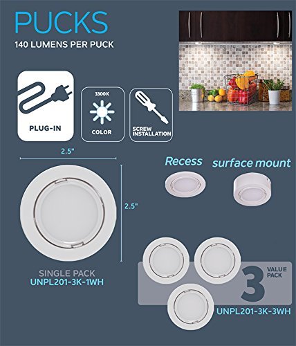 Nadair UNPL201-3K-3WH Wired LED Puck Lights (x3) Plug-In Lighting, Can Be Surface Mount or Flush Mount, Easy To Install, Daisy Chain, 3-pack 3000K Warm White 3 Pack - LeoForward Australia