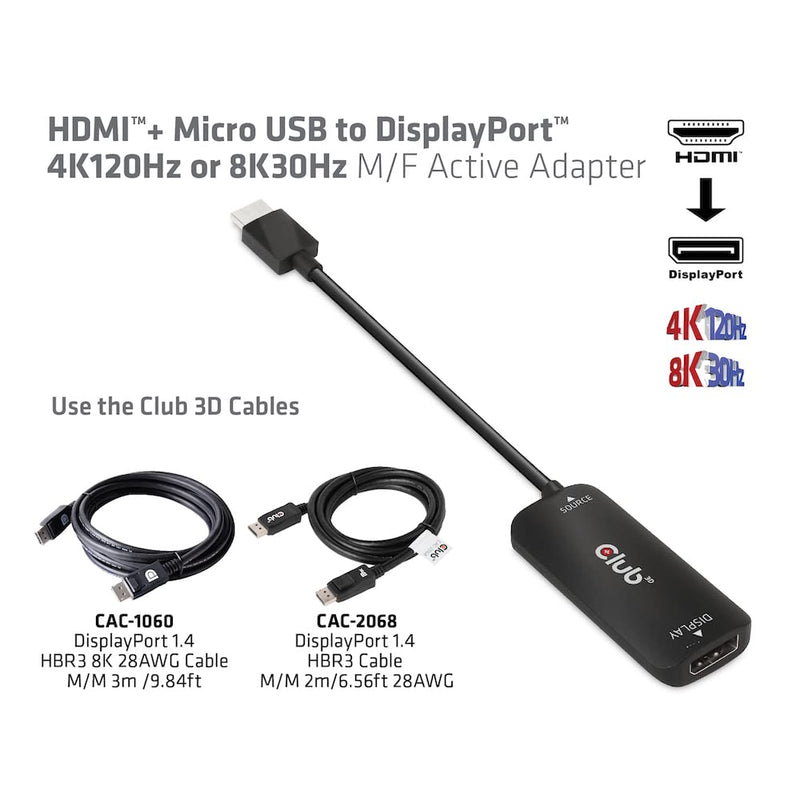  [AUSTRALIA] - Club 3D 4K 120Hz or 8k30Hz HDMI to DisplayPort Video Adapter w/USB Power - HDMI 2.1 (Male) to DP 1.4 (Female) Active Monitor Converter (CAC-1335)