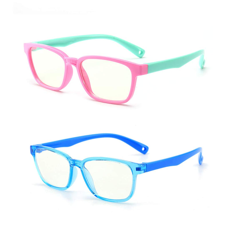  [AUSTRALIA] - AHXLL Kids Blue Light Blocking Glasses 2 Pack, Anti Eyestrain & UV Protection, Computer Gaming TV Phone Glasses for Boys Girls Age 3-9 (Pink Green+ Transparent Blue) Pink Green+ Transparent Blue