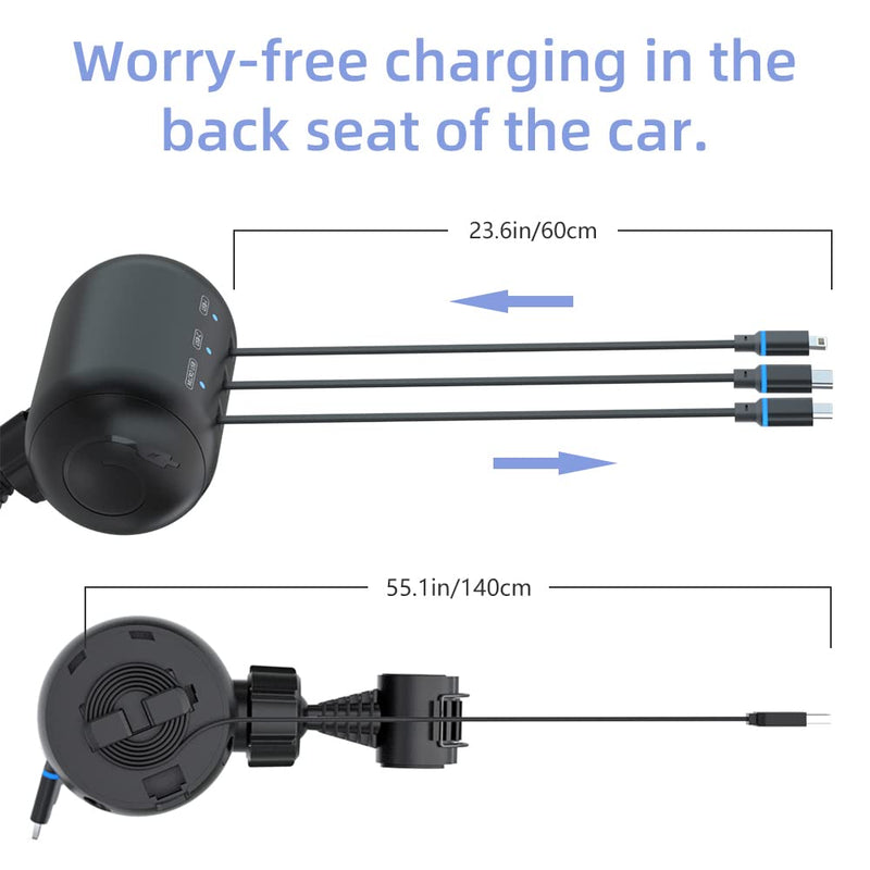  [AUSTRALIA] - Car Retractable Charging Cord Box 3 in 1 Phone Fast Power Charging Station USB Type C Multi Cord Connector Compatible with/iPhone/Samsung/Android | Share Ride Customer Charging Dock Attach to Headrest