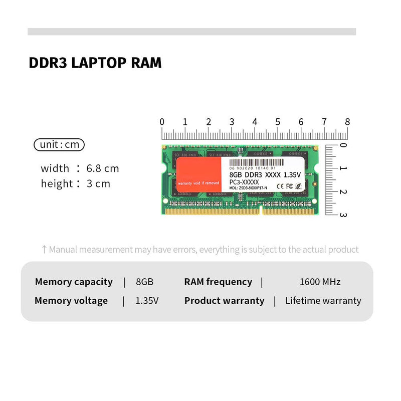  [AUSTRALIA] - Yoolbixy DDR3 8GB 1600MHz (PC3-12800) Unbuffered Non-ECC 1.5V UDIMM 204 Pin Laptop Notebook PC Computer Memory RAM Module Upgrade