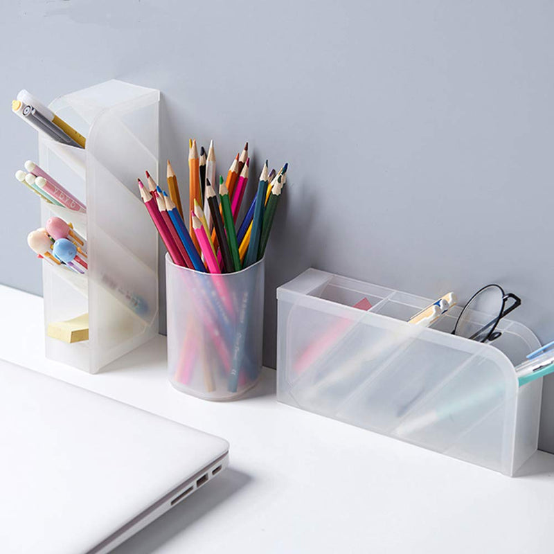 5 Pcs Desk Organizer- Pen Organizer Storage for Office, School, Home Supplies, Translucent White Pen Storage Holder, Set of 3, 2 Cups 14 Compartments (White) - LeoForward Australia