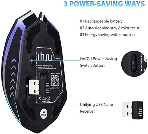  [AUSTRALIA] - Wireless Gaming Mouse Up to 10000 DPI, UHURU Rechargeable USB Wireless Mouse with 6 Buttons 7 Changeable LED Color Ergonomic Programmable MMO RPG for PC Laptop, Compatible with Windows Mac