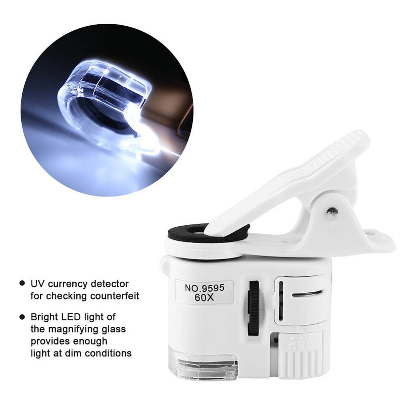  [AUSTRALIA] - Cell Phone Clip On Microscope, LED UV Light Magnifying Glass Adjustable Focusing Mini Mobile Phone Microscope, for Currency Detecting