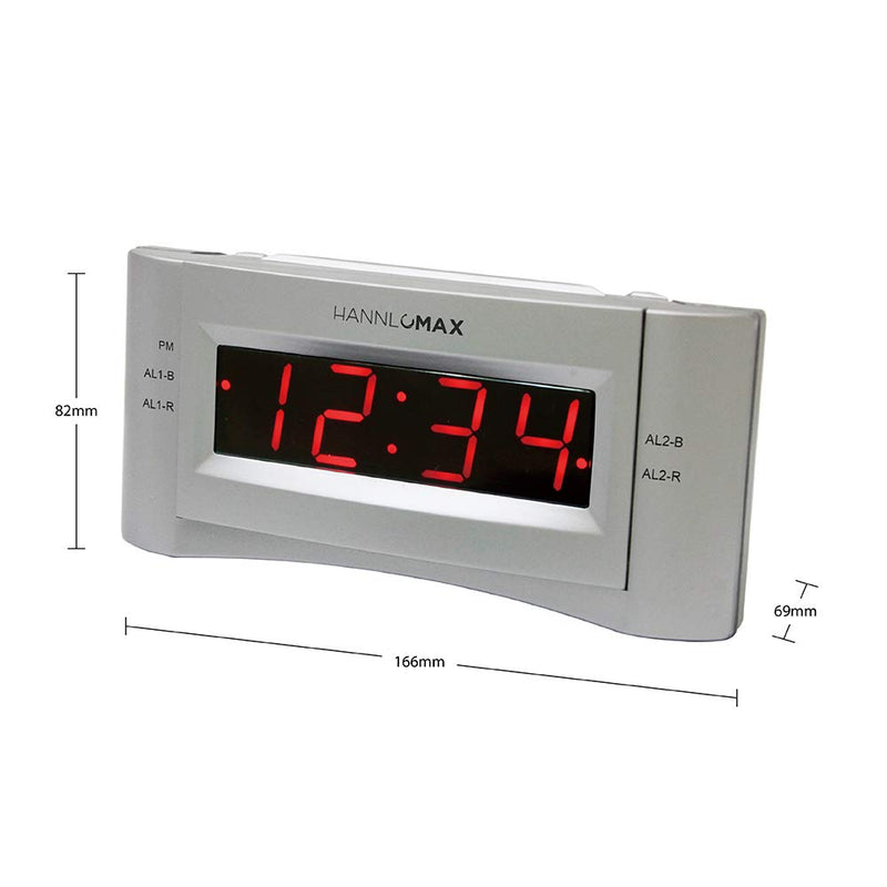 HANNLOMAX HX-136CR Alarm Clock Radio, PLL FM Radio, Dual Alarm. 0.9 inches Red LED Display, USB Port for 1A Charging (Silver) - LeoForward Australia
