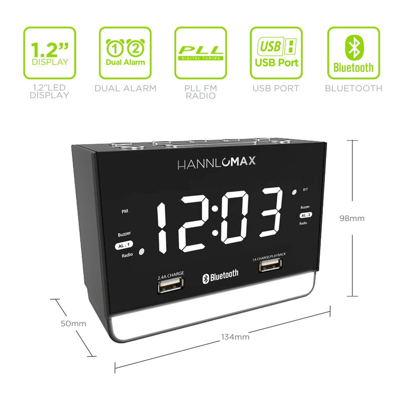 HANNLOMAX HX-131CR Alarm Clock Radio. PLL FM Radio, 1.2" White LED Display, Bluetooth, USB Ports for 2.4A & 1A Charging/MP3 Playback, Night Light. - LeoForward Australia