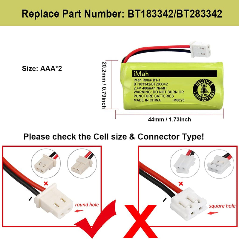  [AUSTRALIA] - iMah BT183342/BT283342 2.4V 400mAh Ni-MH Battery Compatible with AT&T CL82207 EL52100 EL50003 VTech CS6709 CS6609 CS6409 BL102-3 Handset Replace Battery BT166342 BT266342 BT162342 BT262342, 2-Pack