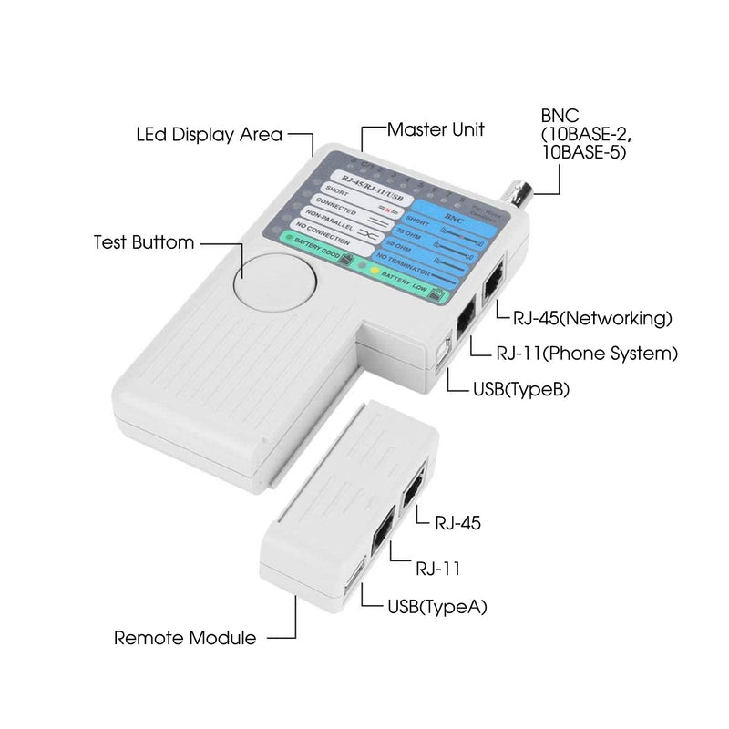  [AUSTRALIA] - Network Cable Tester LAN Cable Test 4 in 1 Remote Control Tester Portable LAN Network Cable Tester Meter USB BNC Cable Tester for UTP STP RJ11 RJ45 Remote Cable Tester