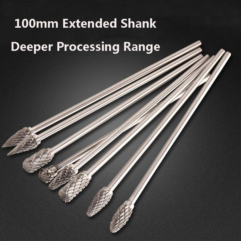 Bestgle 10pcs 3 mm (1/8 Inch) Shank Tungsten Carbide Double Cut Rotary Burr Die Grinder Bits Rotary Files Carving Grinding Bit Fits for Dremel Rotary Tool Long Shank 100mm - LeoForward Australia